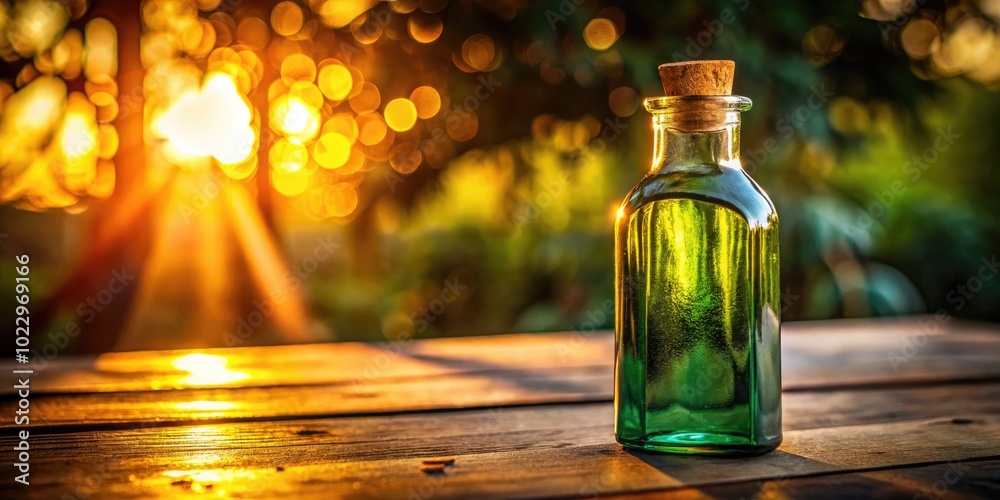 Rustic Glass Bottle with Natural Cork Stopper on Wooden Table in Warm Ambient Light Setting Rustic Glass Bottle with Natural Cork Stopper on Wooden Table in Warm Ambient Light Setting