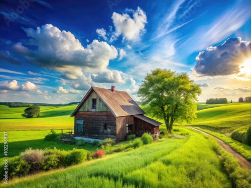 Rustic Farm House Surrounded by Lush Green Fields and Bright Blue Sky on a Sunny Day in Countryside