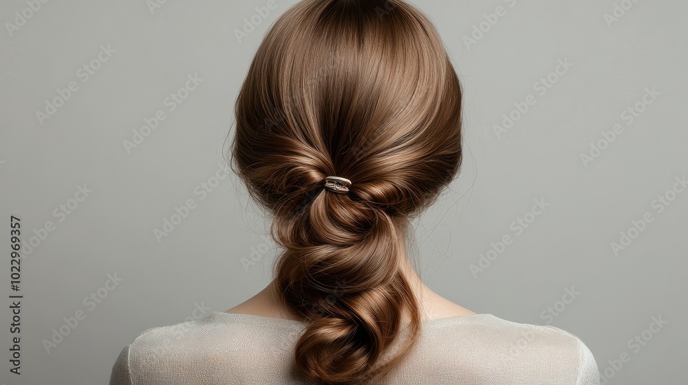 Rear view of a young woman hair styled with a clip, positioned against a soft gray background. Rear view of a young woman hair styled with a clip, positioned against a soft gray background.