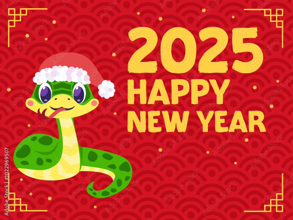 Fototapeta premium banner with cute cartoon green snake in a new years hat symbol of the year on a Chinese New Year style pattern background with sakura