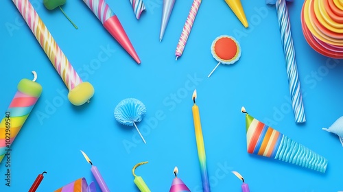 A close-up of birthday party accessories including rainbow-colored caps, blowers, and unlit candles arranged in a fun and playful manner on a blue background.