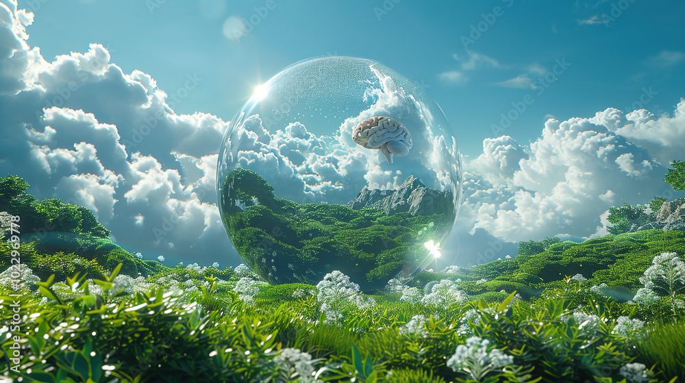 Transparent Human Brain Model on Grassy Meadow with Blue Sky Background Transparent Human Brain Model on Grassy Meadow with Blue Sky Background