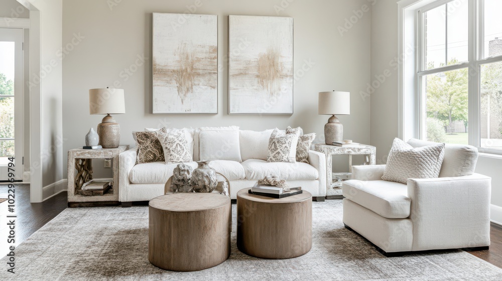 Modern living room featuring a stylish white sofa, decorative accents, and serene artwork in a bright, inviting space Modern living room featuring a stylish white sofa, decorative accents, and serene artwork in a bright, inviting space