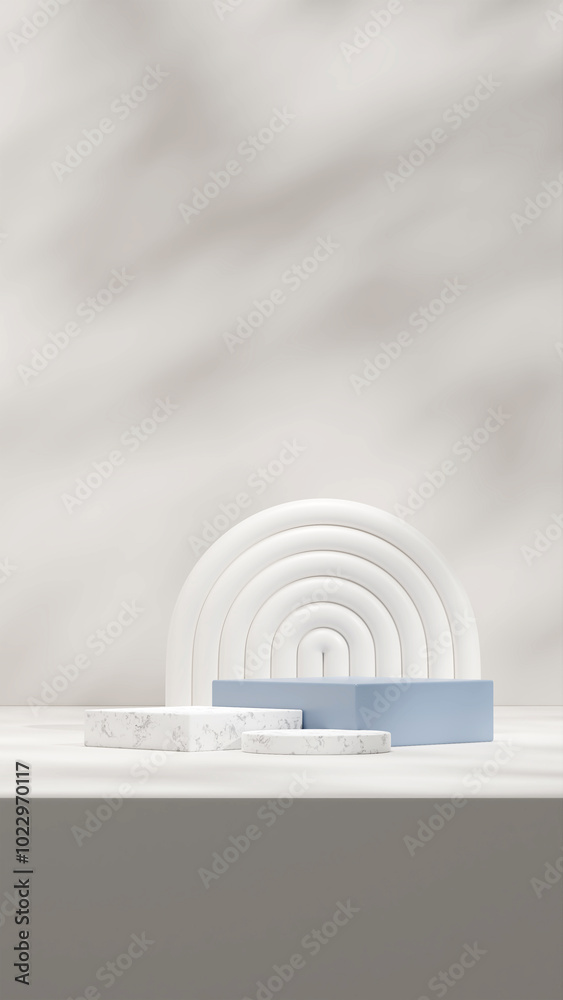 3d rendering mock up blue and marble texture podium in portrait with white arch and sun shadow 3d rendering mock up blue and marble texture podium in portrait with white arch and sun shadow