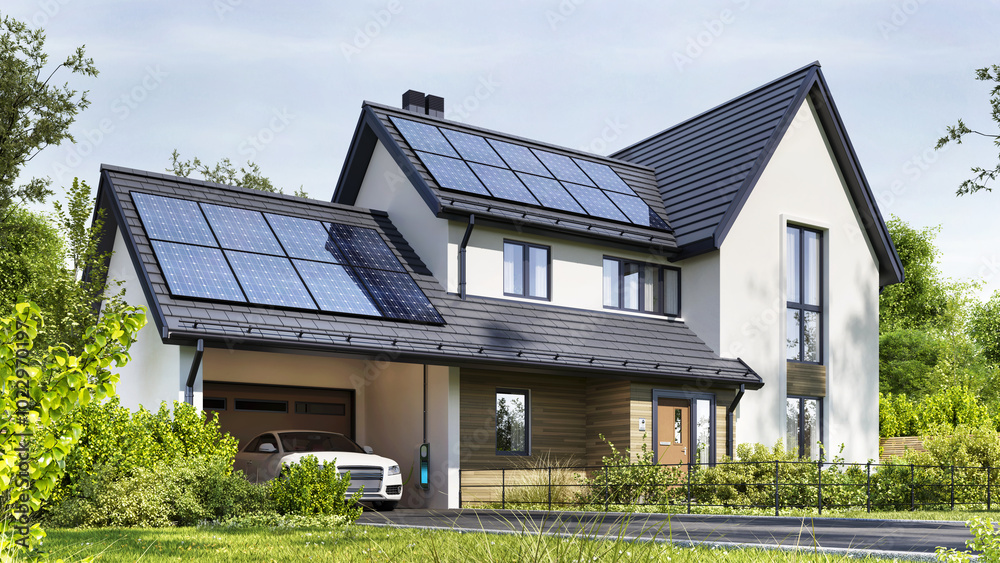 Modern House with Solar Charging Station and Electric Car Modern House with Solar Charging Station and Electric Car
