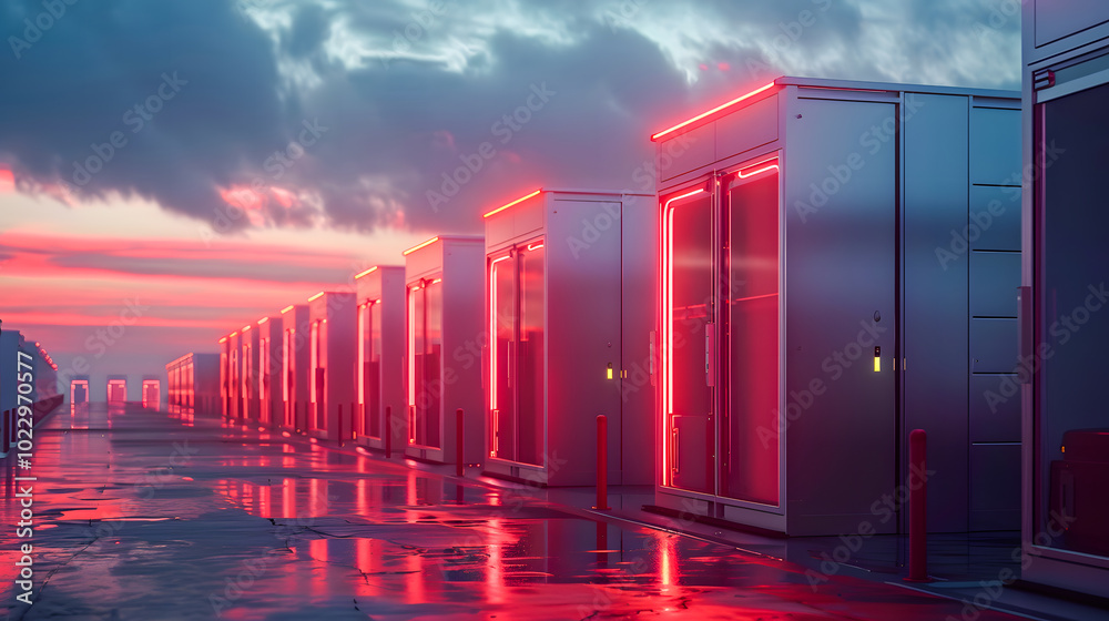 Fototapeta premium Battery energy storage system consisting of several lithium battery modules placed side by side