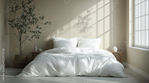 A serene bedroom features a large white duvet on a cozy bed, complemented by soft natural light streaming through a window and minimalistic decor.