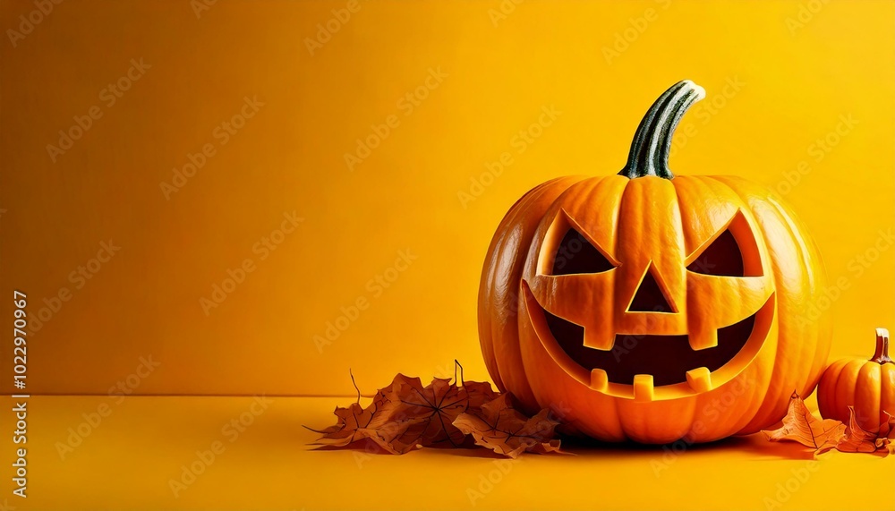Festive Halloween party background image with copy space and yellow jack-o-lantern pumpkin with bright yellow color backdrop Festive Halloween party background image with copy space and yellow jack-o-lantern pumpkin with bright yellow color backdrop