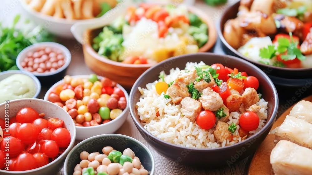 Asian Cuisine Platter with Chicken Pilaf Pulses and Vegetables as the Main Course Asian Cuisine Platter with Chicken Pilaf Pulses and Vegetables as the Main Course