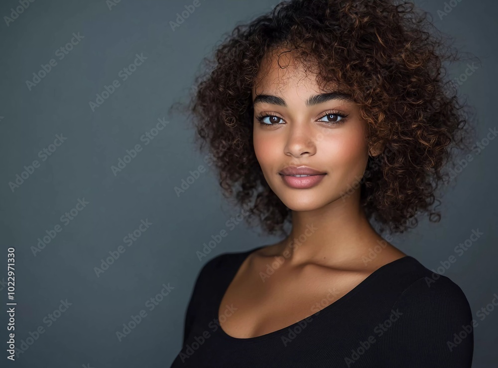 Portrait of a beautiful African American woman with curly hair wearing a black top Portrait of a beautiful African American woman with curly hair wearing a black top