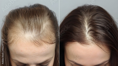 Wallpaper Mural Before-and-after video testimonial of a patient's scalp after PRP therapy, showing significant hair restoration with side-by-side visuals, Realistic, Natural Light, Slow Zoom Torontodigital.ca