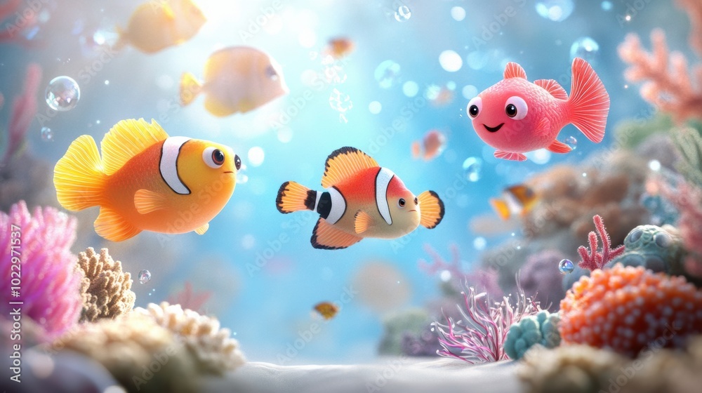 Colorful Cartoon Fish in Underwater Scene Colorful Cartoon Fish in Underwater Scene