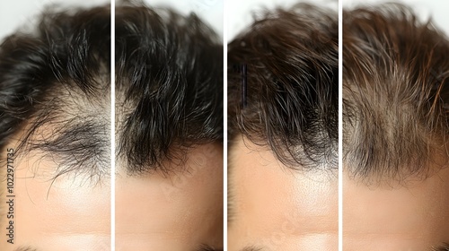 Photo timeline showing the effects of laser hair therapy, with initial bald spots gradually filling in with healthy new hair growth over time photo