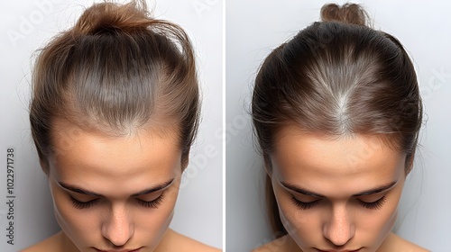 Benefits of using hair loss prevention shampoos, with before-and-after scalp photos illustrating the shampoo's role in reducing hair thinning and promoting growth photo