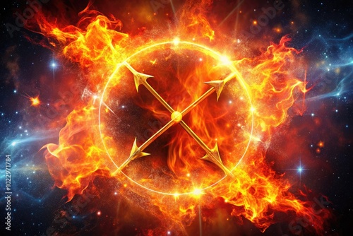 Sagittarius Zodiac Symbol with Celestial Elements Representing Astrology and the Fire Element Sign