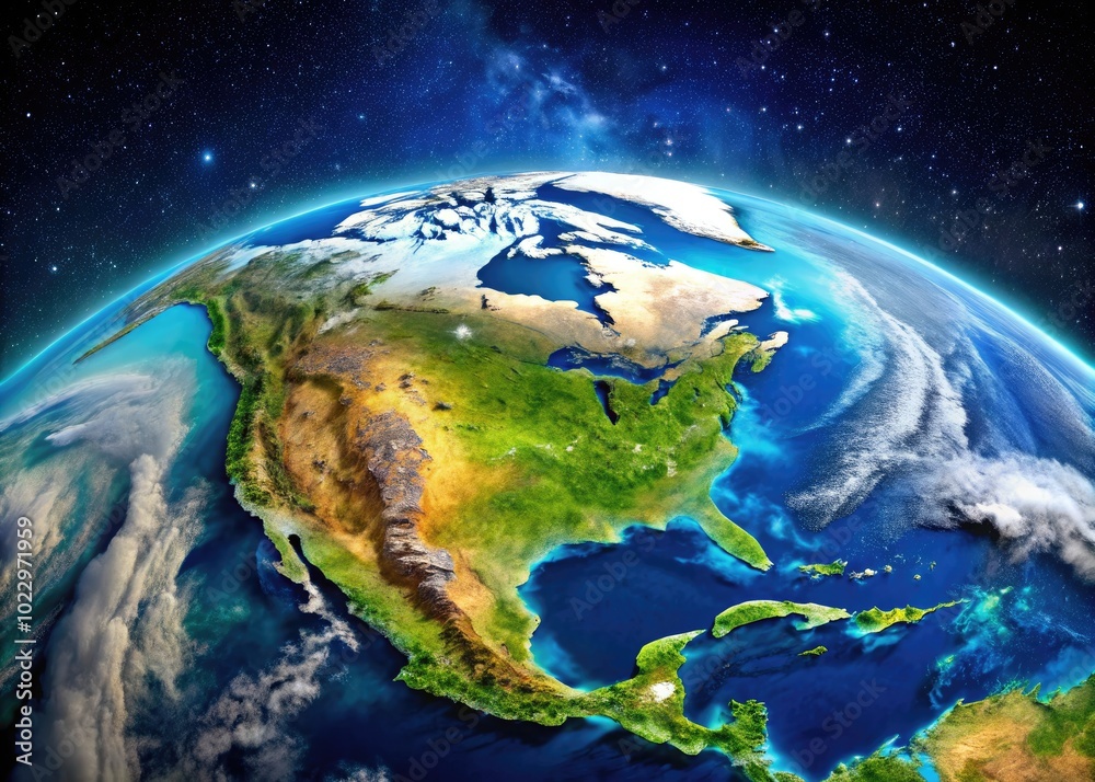 Fototapeta premium Satellite Orbiting the Earth Over North America with Vibrant Features of Land and Water Visible Below