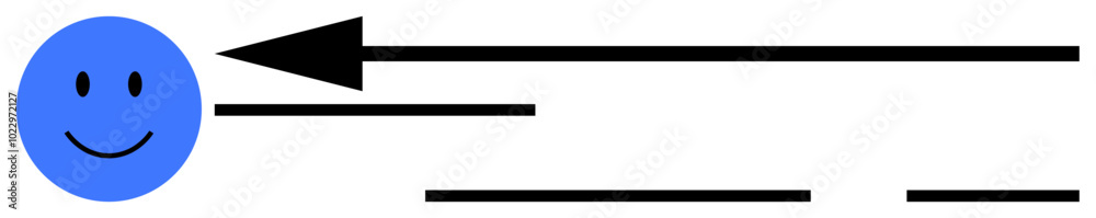 Fototapeta premium A simple blue smiley face with a large black arrow pointing left and two horizontal black lines. Ideal for communication themes direction or movement instruction guiding or navigation simplicity