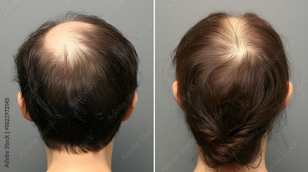 Before-and-after photos of hair restoration treatment on the crown, illustrating the transformation from bald patches to fuller hair regrowth Before-and-after photos of hair restoration treatment on the crown, illustrating the transformation from bald patches to fuller hair regrowth
