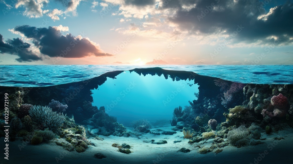 Underwater Scene with Coral and Sunset View Underwater Scene with Coral and Sunset View