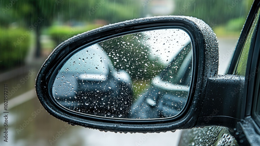 Side mirror of a car with raindrops, visibility blurred by wet conditions, on a rainy day. Side mirror of a car with raindrops, visibility blurred by wet conditions, on a rainy day.