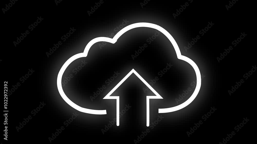 Glowing line Cloud upload icon isolated on black background. Glowing line Cloud upload icon isolated on black background.