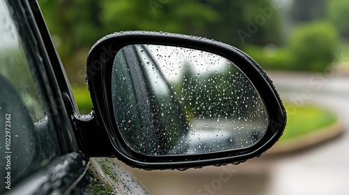 Side mirror of a car with raindrops, visibility blurred by wet conditions, on a rainy day.