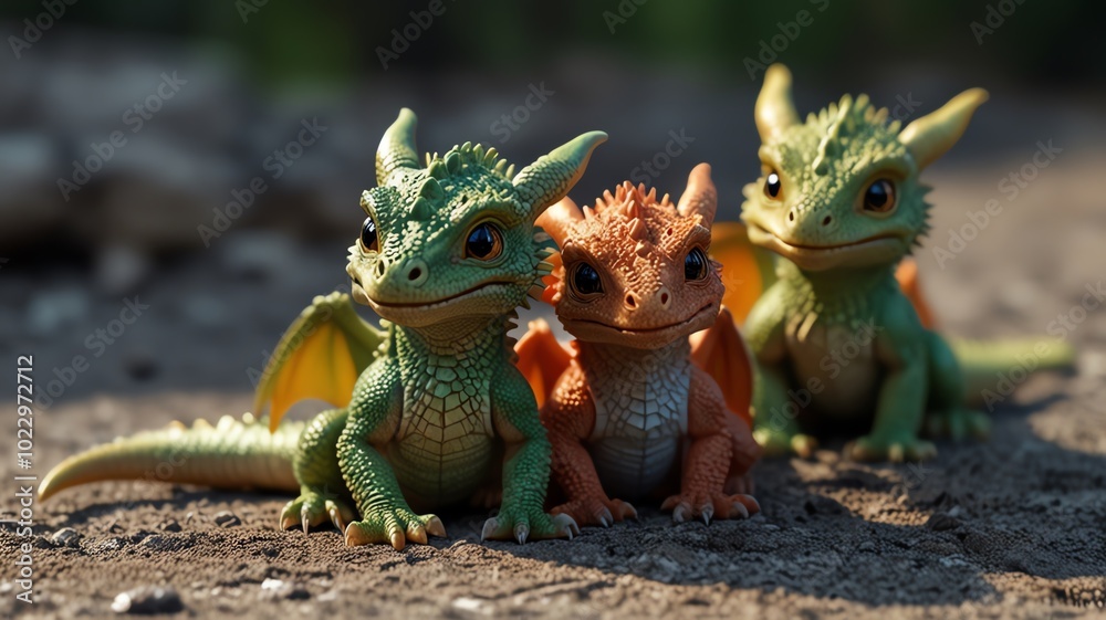 Fototapeta premium Three colorful dragon figurines.
