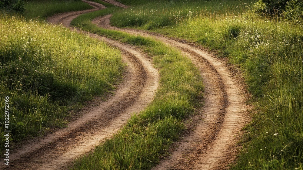 Side-by-side tire tracks on a dirt path, showing curvature and separation, with clipping path removed. Side-by-side tire tracks on a dirt path, showing curvature and separation, with clipping path removed.