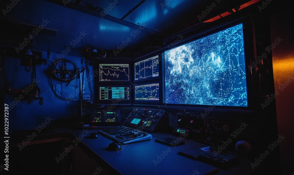 Dark room with glowing computer monitors. Dark room with glowing computer monitors.