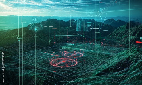 Digital overlay on mountainous landscape.