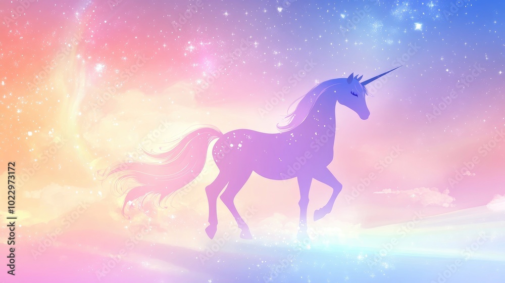 2D cartoon illustration featuring a holographic galaxy backdrop with pastel colors showcasing a unicorn in a pastel sky complemented by a rainbow background EPS10 format