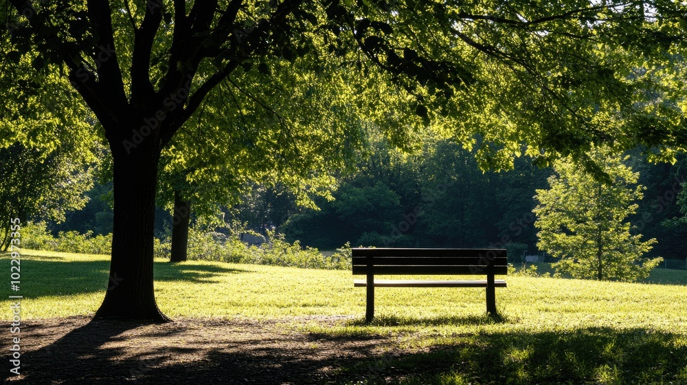Single tree silhouette with a park bench, shadows and contrast, highlighting a tranquil scene. Single tree silhouette with a park bench, shadows and contrast, highlighting a tranquil scene.