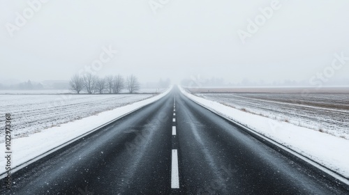 The white expanse of the road blends with the sky, creating the impression that there is no end to the road through an endless snowy landscape