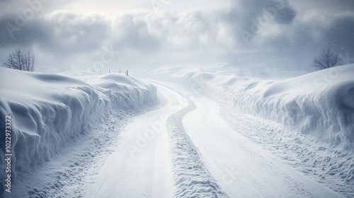 During extreme winter conditions, a winding mountain road covered in thick snow, snowdrifts piling up on the sides, and visibility reduced by a blizzard, poses complications for drivers