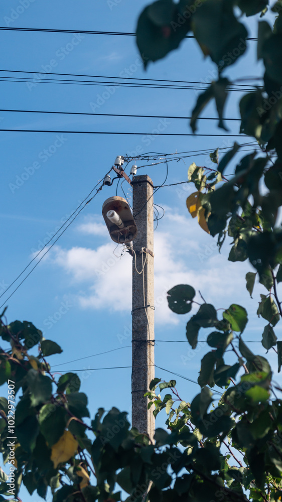 A lamppost with wires around it against a background of blue sky and green leaves in the shade A lamppost with wires around it against a background of blue sky and green leaves in the shade