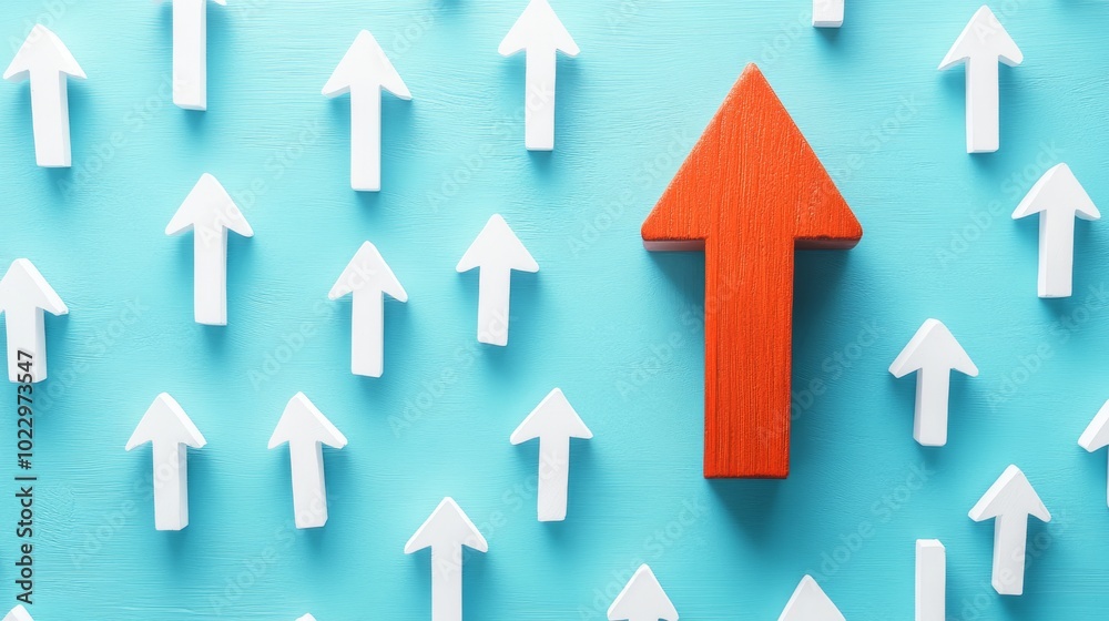 This illustration illustrates the concept of individuality and leadership by featuring a golden arrow rising above white arrows. This illustration illustrates the concept of individuality and leadership by featuring a golden arrow rising above white arrows.