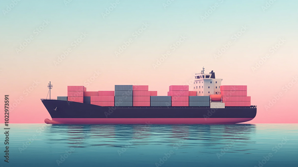 panorama of a large cargo ship in the sea 2d illustration shape looks 3d side view tanker container blue shades soft pastel colors presentation solid background cartoon UI motion graphics style panorama of a large cargo ship in the sea 2d illustration shape looks 3d side view tanker container blue shades soft pastel colors presentation solid background cartoon UI motion graphics style