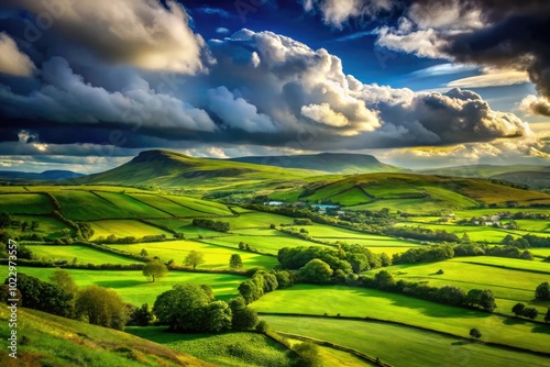 Scenic Landscape of County Sligo with Rolling Hills, Lush Green Fields, and Dramatic Cloudy Skies