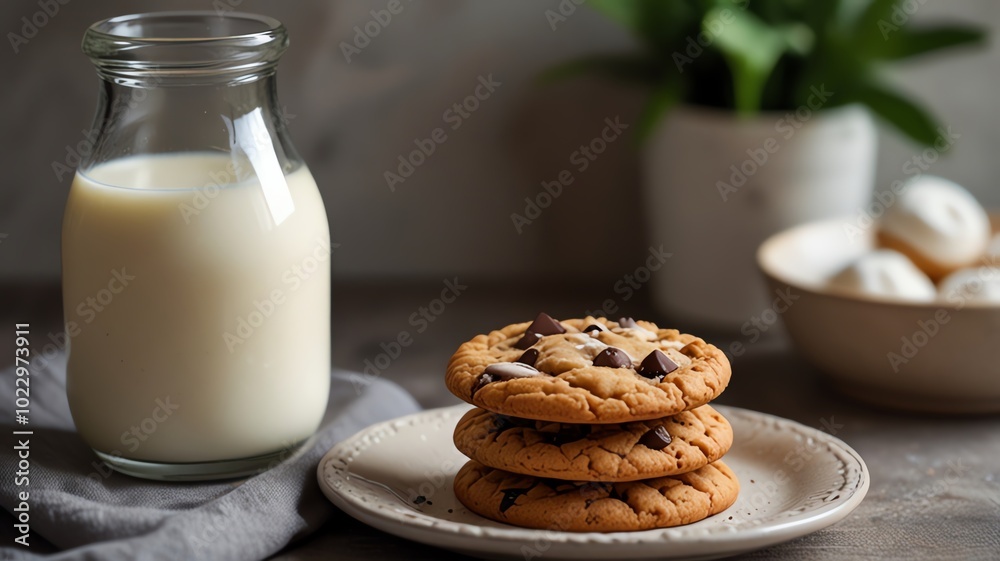 Cookies and milk on a rustic table setting. Cookies and milk on a rustic table setting.