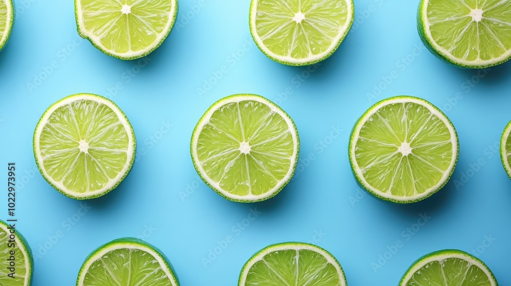 Bright green lime slices on a blue backdrop Bright green lime slices on a blue backdrop