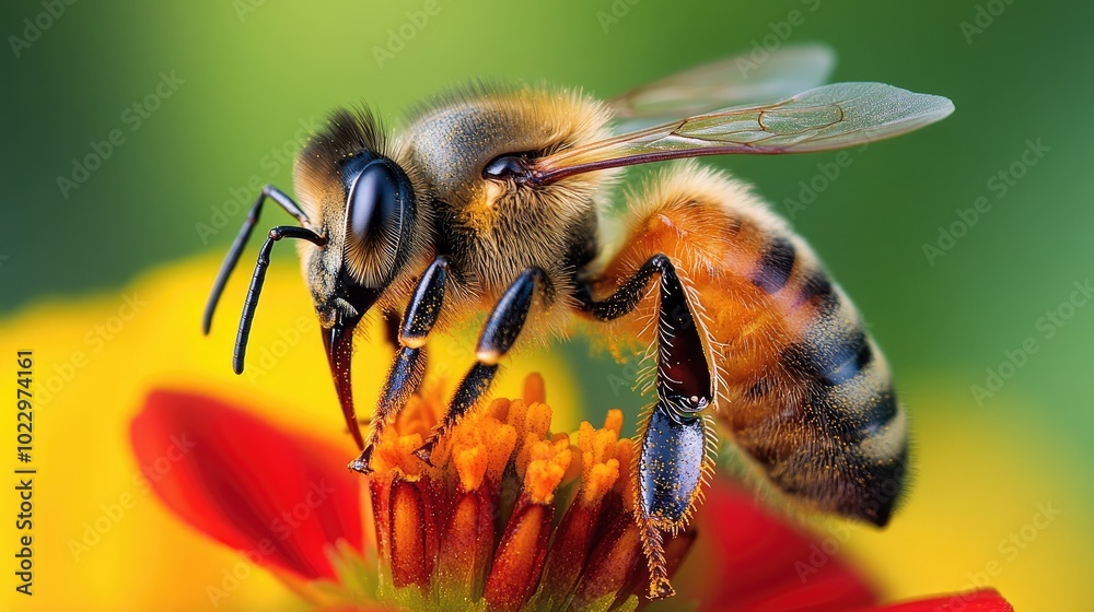 Close up of a honeybee on red and yellow flowers against a green background Close up of a honeybee on red and yellow flowers against a green background