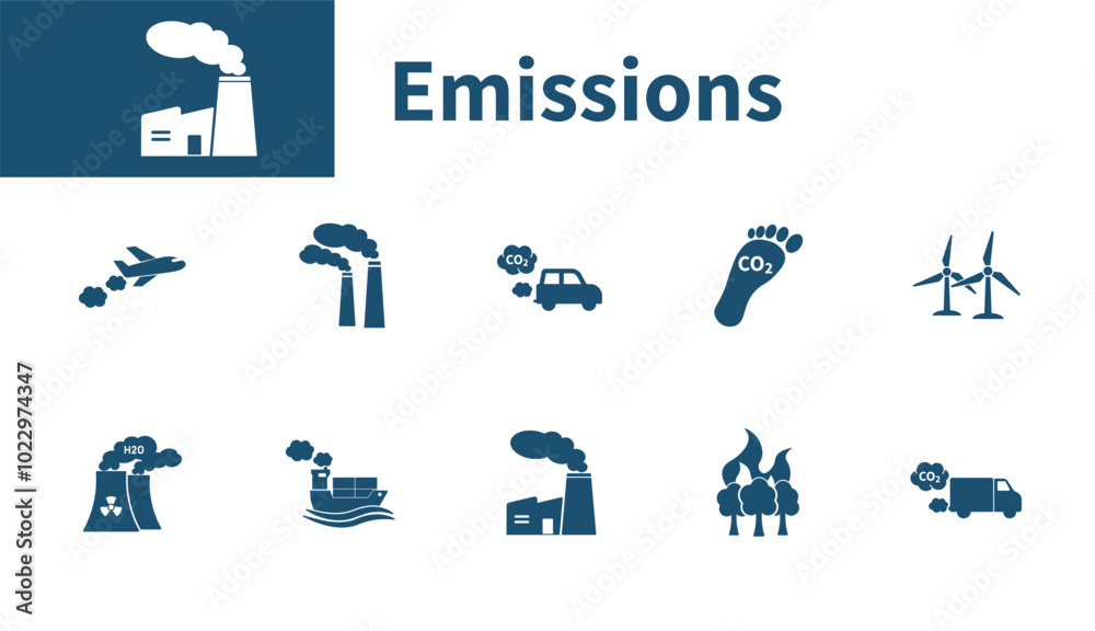 Emission icon. Set of solid vector icons on the theme of industry, factory, CO2, environment, climate change. Emission icon. Set of solid vector icons on the theme of industry, factory, CO2, environment, climate change.