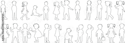 Children silhouette outline vector, boys girls standing sitting playing in various poses. Simple kid characters perfect for educational materials, child development illustrations, school projects