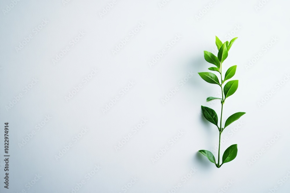 Against a white background, a single green leaf on a stem makes an ideal illustration for nature and botany Against a white background, a single green leaf on a stem makes an ideal illustration for nature and botany