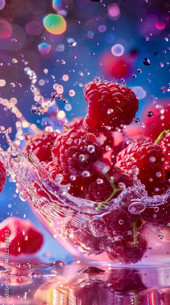 A bowl of raspberries is splashing water, creating a beautiful and vibrant scene A bowl of raspberries is splashing water, creating a beautiful and vibrant scene