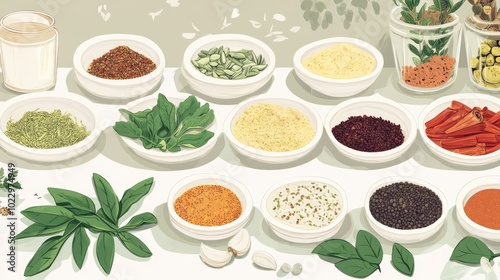 A variety of spices and herbs on a tabletop showcasing organic and natural ingredients