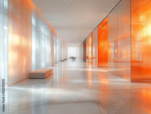 a blurred view of a luxurious hotel lobby, with elegant corridors and glass walls leading to the reception area, evoking a sense of sophistication and modern architecture