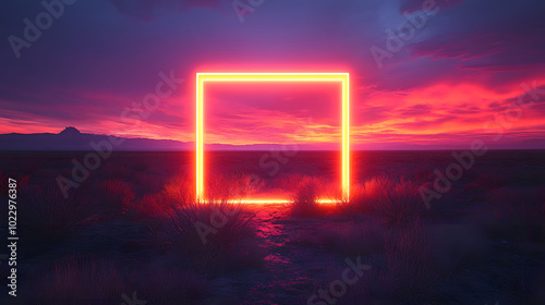 A Neon Green Glowing Square Frame in the Middle of an Abstract Background, radiating vibrant energy. The luminous frame stands out against a blurred and colorful backdrop, creating a modern and dynami photo