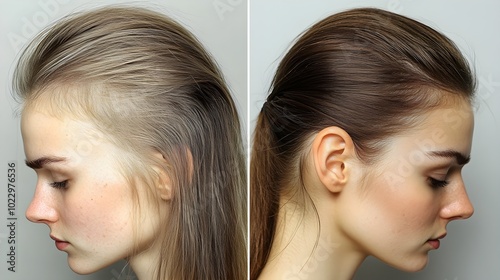 Before-to-after time-lapse of hair regrowth, capturing the transformation from noticeable hair loss to dense, healthy hair growth through treatment over months photo