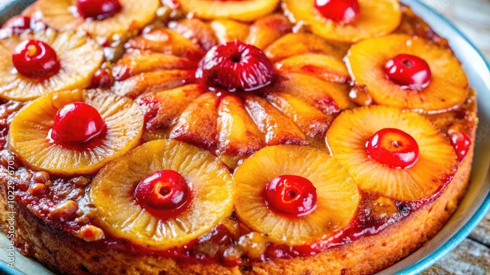 Pineapple and cherry upside-down cake on a vibrant blue plate. Pineapple and cherry upside-down cake on a vibrant blue plate.